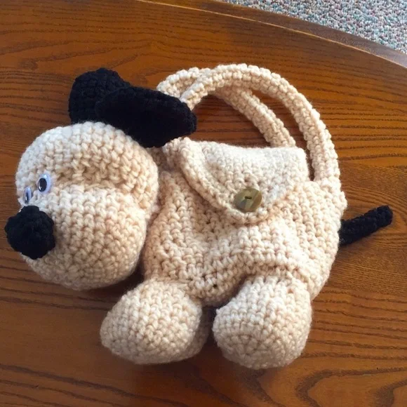 Hand Crafted Crochet Beige and Black Puppy Dog Purse Children’s Carry Toy - Picture 6 of 10